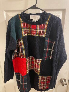 Vittadini Sport Wool Patchwork Cable Knit Sweater Small Vintage Style
